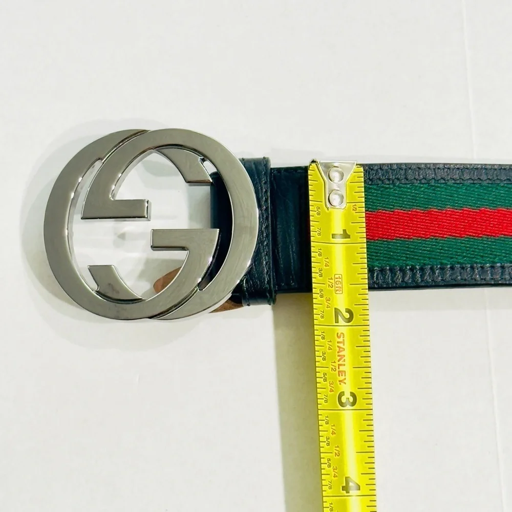 Gucci Web Canvas Black Leather Belt 114984 Silver Interlocking G Buckle 100/40